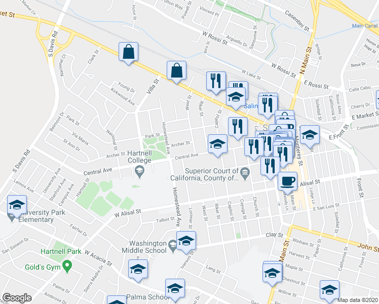 map of restaurants, bars, coffee shops, grocery stores, and more near 86 West Street in Salinas