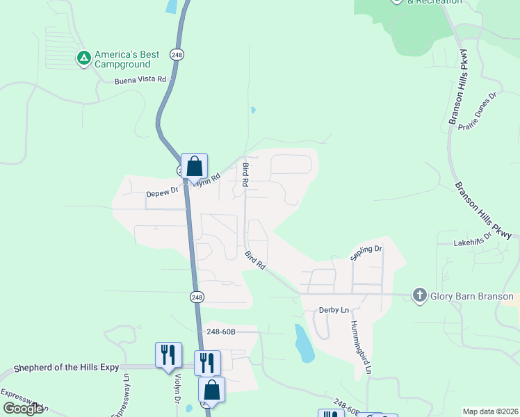 map of restaurants, bars, coffee shops, grocery stores, and more near 126 Connecticut Road in Branson