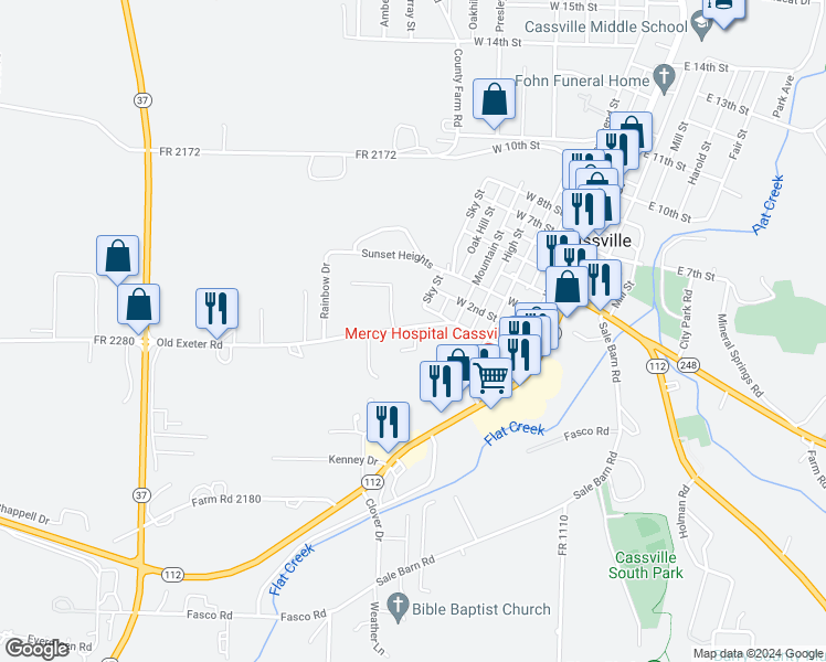 map of restaurants, bars, coffee shops, grocery stores, and more near 601-603 1st Street in Cassville