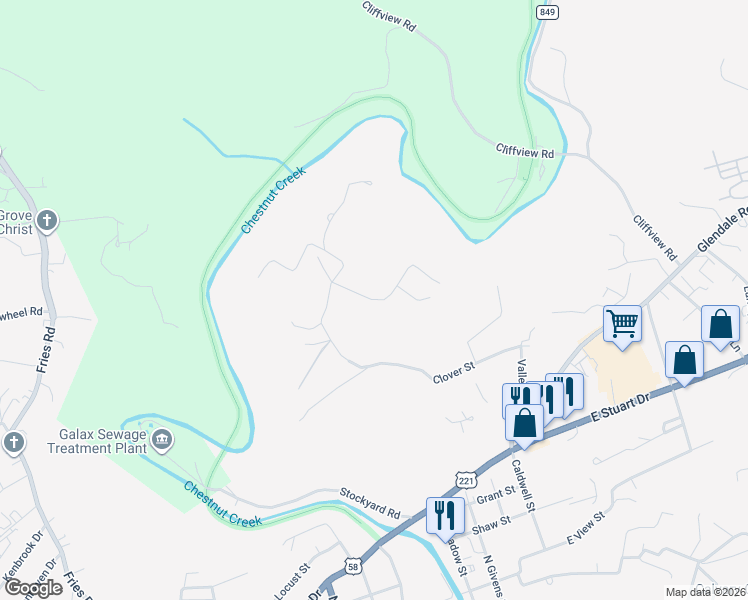 map of restaurants, bars, coffee shops, grocery stores, and more near Partridge Street in Galax
