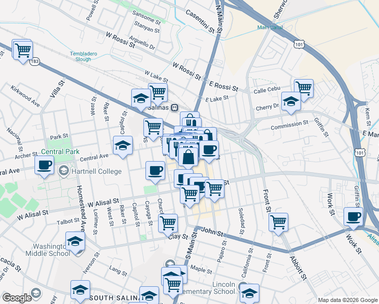 map of restaurants, bars, coffee shops, grocery stores, and more near 150 South Main Street in Salinas