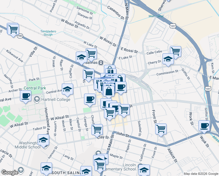 map of restaurants, bars, coffee shops, grocery stores, and more near 150 South Main Street in Salinas