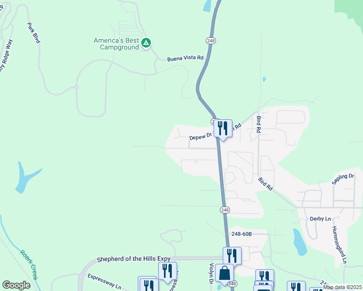 map of restaurants, bars, coffee shops, grocery stores, and more near 266 Timberlane Drive in Branson