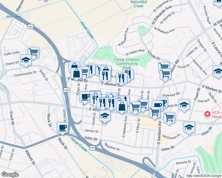 map of restaurants, bars, coffee shops, grocery stores, and more near 86 Ragsdale Court in Salinas