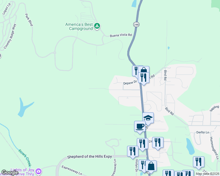 map of restaurants, bars, coffee shops, grocery stores, and more near 350 Timberlane Drive in Branson