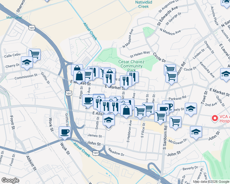 map of restaurants, bars, coffee shops, grocery stores, and more near 86 Ragsdale Court in Salinas