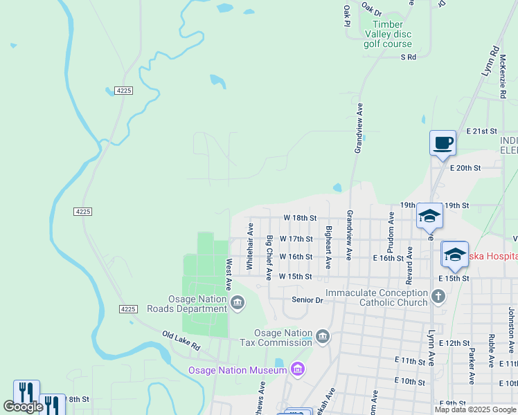 map of restaurants, bars, coffee shops, grocery stores, and more near 1803 Bigchief Avenue in Pawhuska