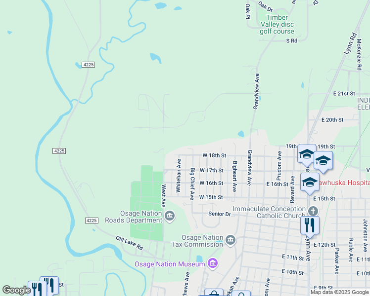 map of restaurants, bars, coffee shops, grocery stores, and more near 1803 Big Chief Avenue in Pawhuska