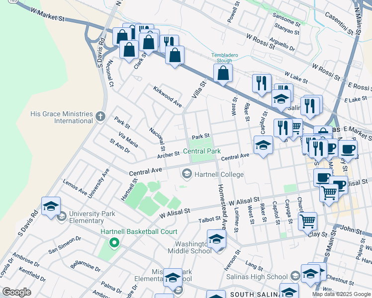 map of restaurants, bars, coffee shops, grocery stores, and more near 76 Villa Street in Salinas