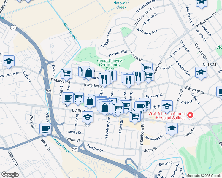 map of restaurants, bars, coffee shops, grocery stores, and more near 678 East Market Street in Salinas