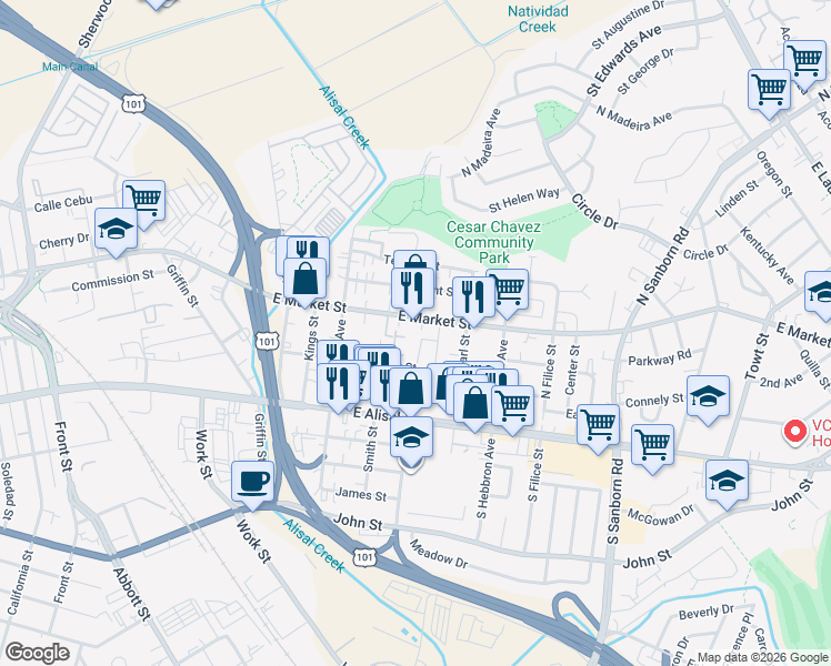 map of restaurants, bars, coffee shops, grocery stores, and more near 86 Ragsdale Court in Salinas