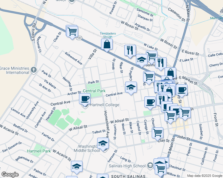 map of restaurants, bars, coffee shops, grocery stores, and more near 2 Archer Street in Salinas