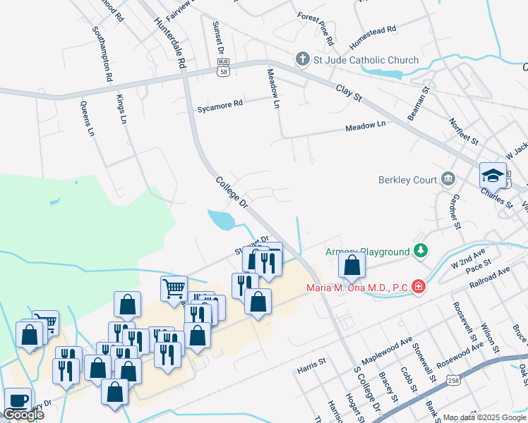 map of restaurants, bars, coffee shops, grocery stores, and more near 280 North College Drive in Franklin