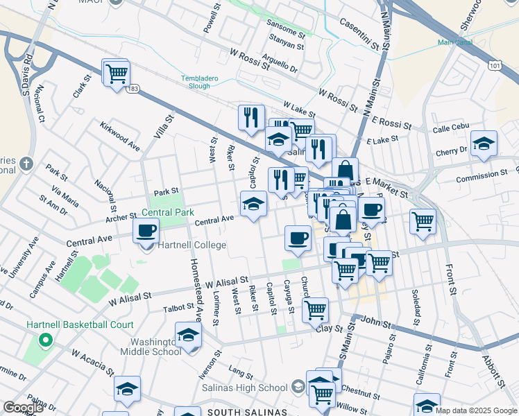 map of restaurants, bars, coffee shops, grocery stores, and more near 154 Central Avenue in Salinas