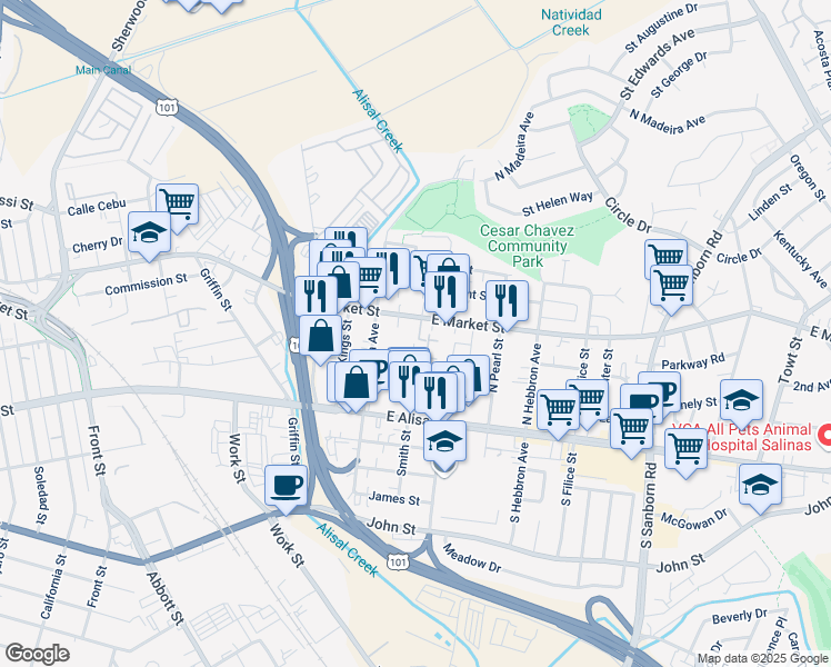 map of restaurants, bars, coffee shops, grocery stores, and more near 528 East Market Street in Salinas
