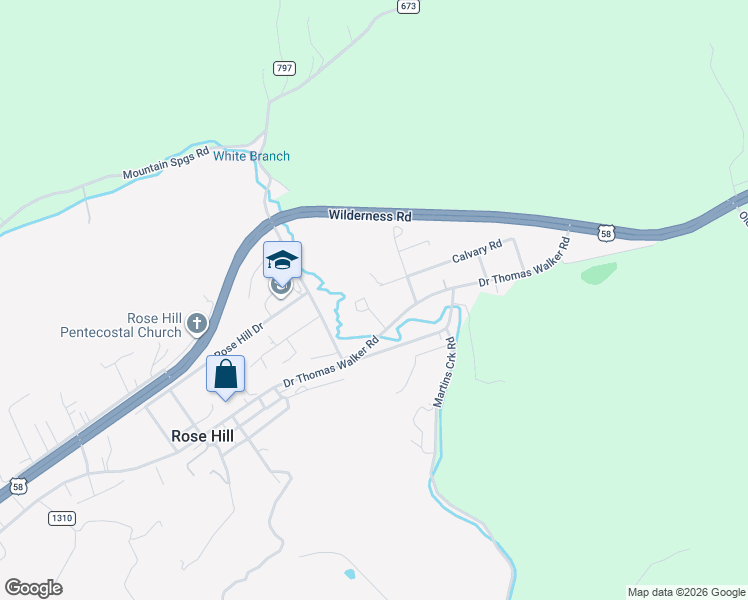 map of restaurants, bars, coffee shops, grocery stores, and more near 6673 Doctor Thomas Walker Road in Rose Hill