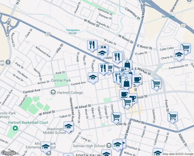 map of restaurants, bars, coffee shops, grocery stores, and more near 154 Central Avenue in Salinas