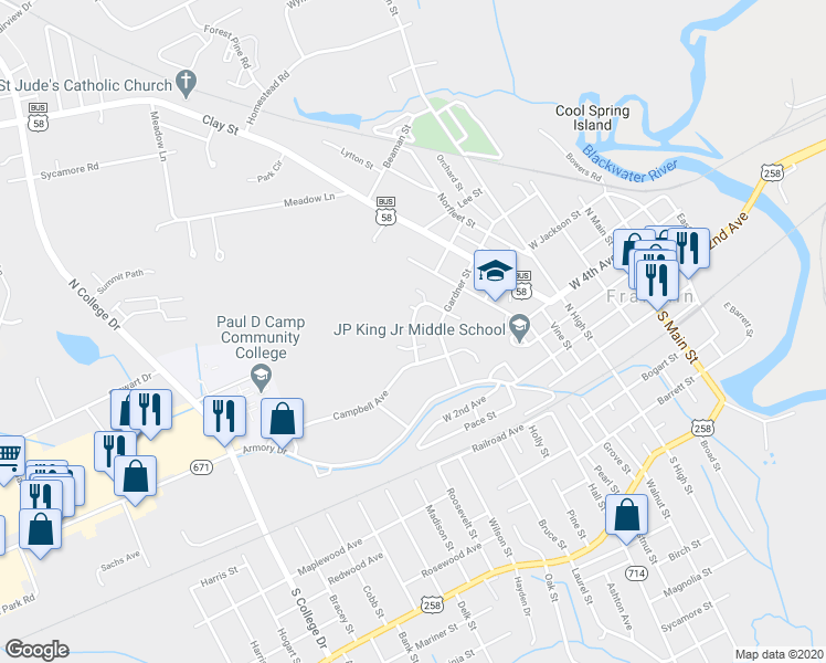 map of restaurants, bars, coffee shops, grocery stores, and more near 699 Cameron Street in Franklin