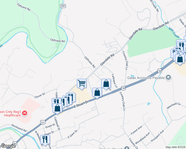 map of restaurants, bars, coffee shops, grocery stores, and more near 100 Allen Lane in Galax