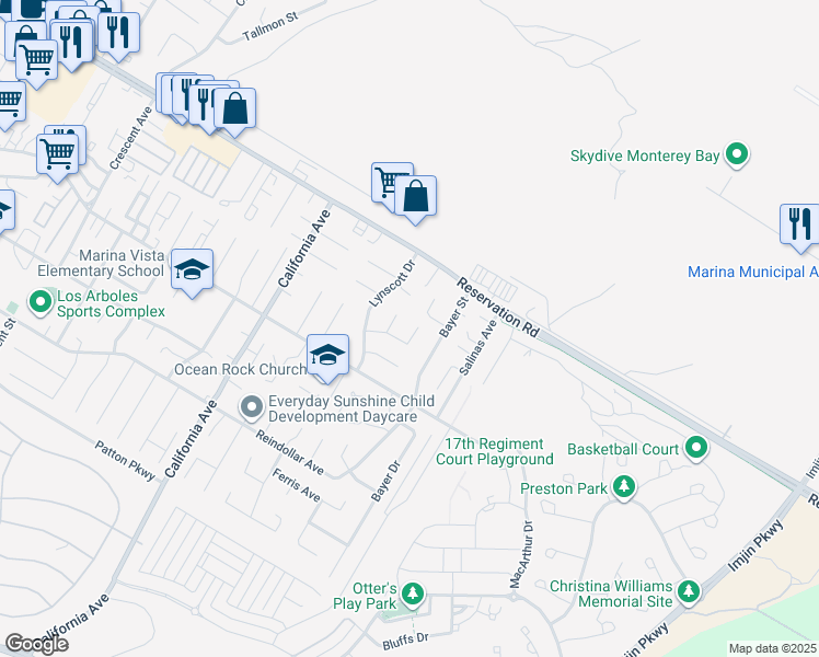map of restaurants, bars, coffee shops, grocery stores, and more near 499 Crivello Road in Marina