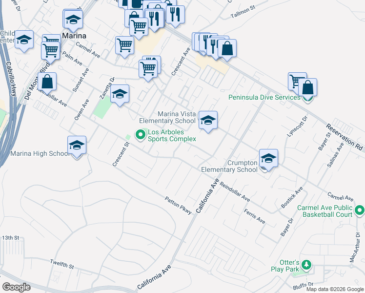 map of restaurants, bars, coffee shops, grocery stores, and more near 3058 Berney Drive in Marina