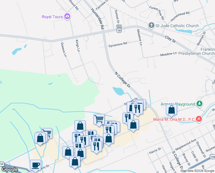 map of restaurants, bars, coffee shops, grocery stores, and more near 312 Kings Lane in Franklin