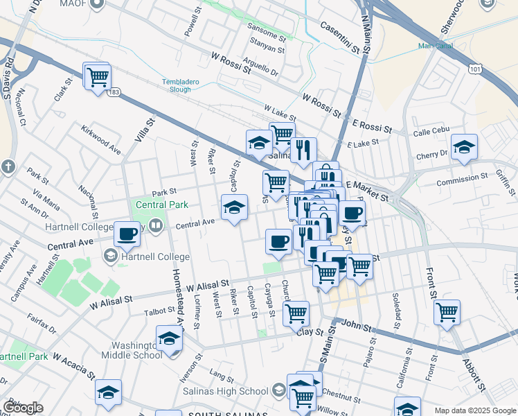 map of restaurants, bars, coffee shops, grocery stores, and more near 128 Central Avenue in Salinas