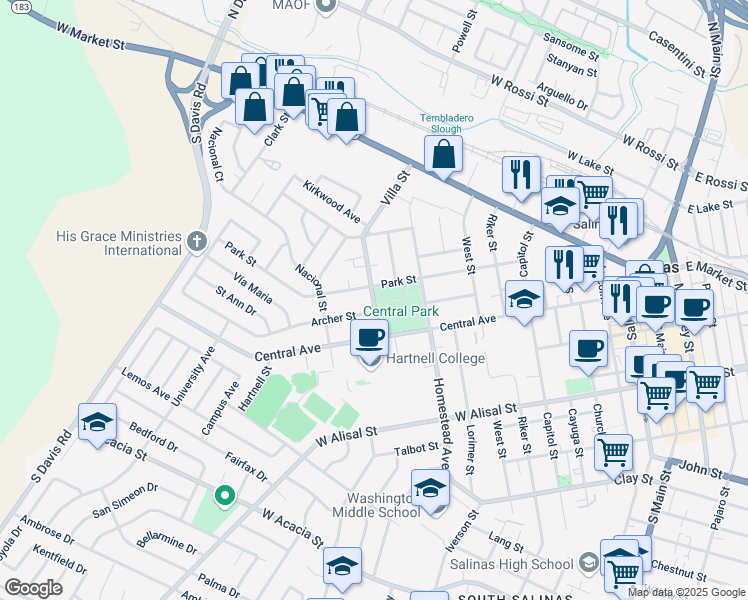 map of restaurants, bars, coffee shops, grocery stores, and more near 512 Archer Street in Salinas