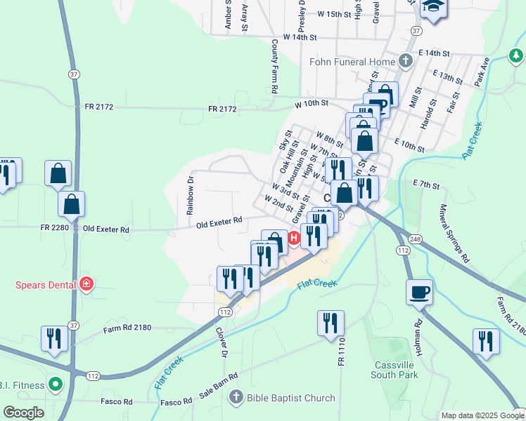 map of restaurants, bars, coffee shops, grocery stores, and more near 601 West 1st Street in Cassville