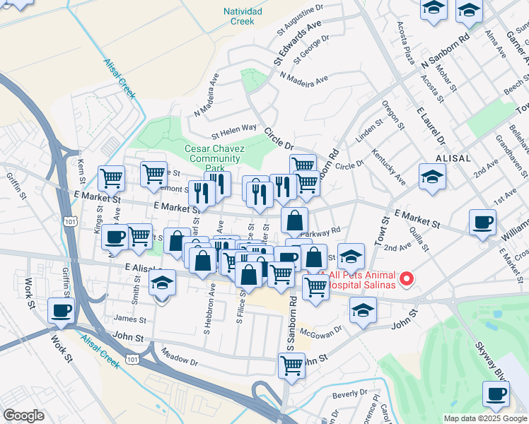 map of restaurants, bars, coffee shops, grocery stores, and more near 817 East Market Street in Salinas