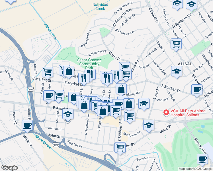 map of restaurants, bars, coffee shops, grocery stores, and more near 801 East Market Street in Salinas