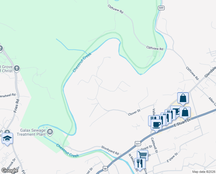 map of restaurants, bars, coffee shops, grocery stores, and more near 160 Partridge Street in Galax