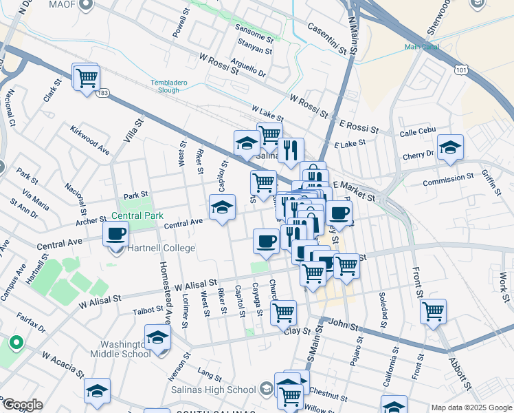 map of restaurants, bars, coffee shops, grocery stores, and more near 128 Central Avenue in Salinas
