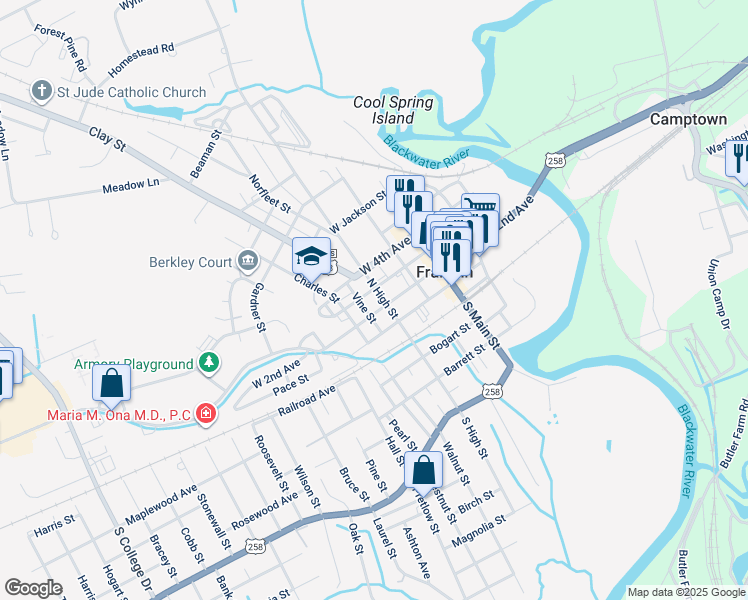 map of restaurants, bars, coffee shops, grocery stores, and more near 205 North High Street in Franklin