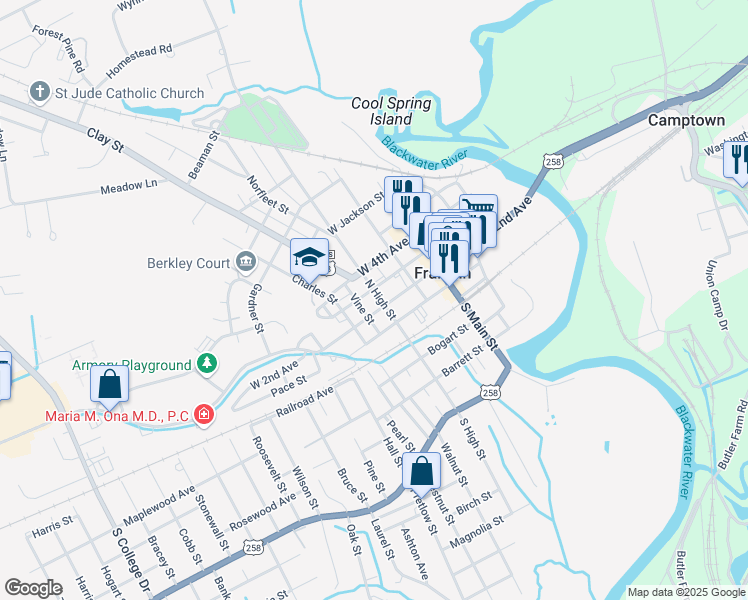 map of restaurants, bars, coffee shops, grocery stores, and more near 205 North High Street in Franklin