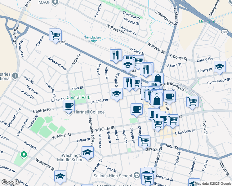 map of restaurants, bars, coffee shops, grocery stores, and more near 66 Capitol Street in Salinas