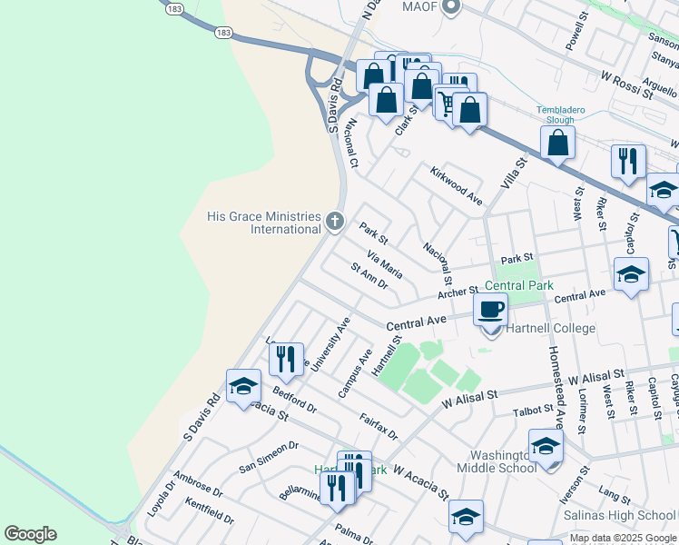 map of restaurants, bars, coffee shops, grocery stores, and more near 840 Archer Street in Salinas