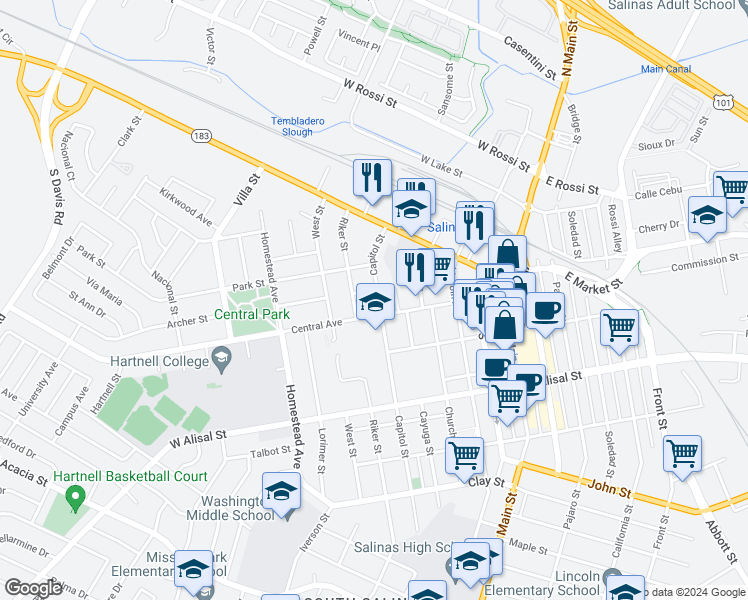 map of restaurants, bars, coffee shops, grocery stores, and more near 66 Capitol Street in Salinas