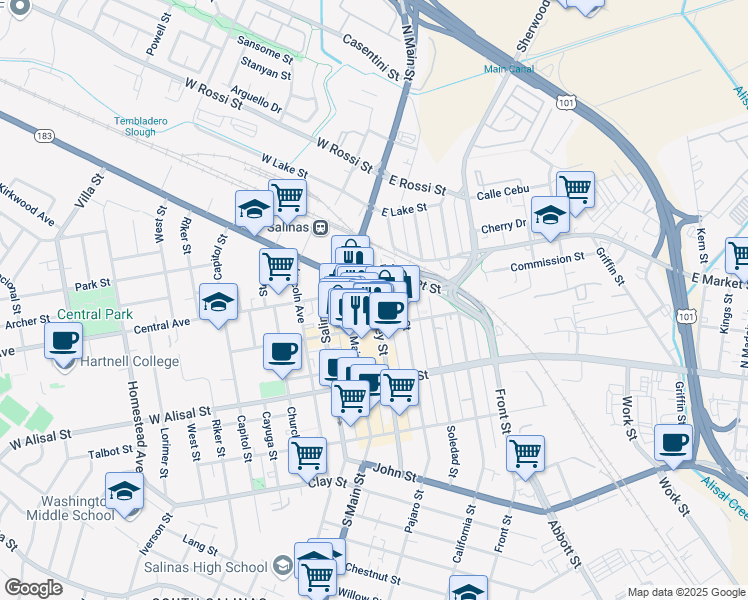 map of restaurants, bars, coffee shops, grocery stores, and more near 198 Monterey Street in Salinas