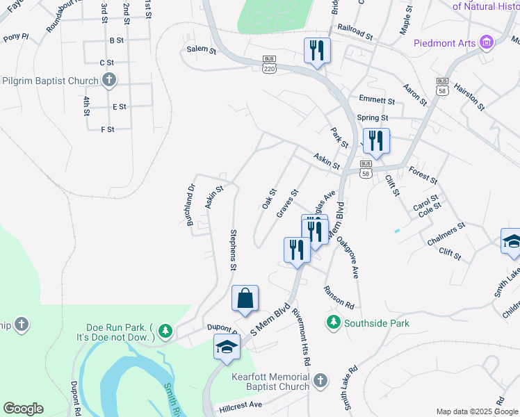 map of restaurants, bars, coffee shops, grocery stores, and more near 1038 Oak Street in Martinsville