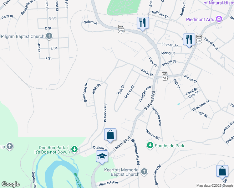 map of restaurants, bars, coffee shops, grocery stores, and more near 1038 Oak Street in Martinsville