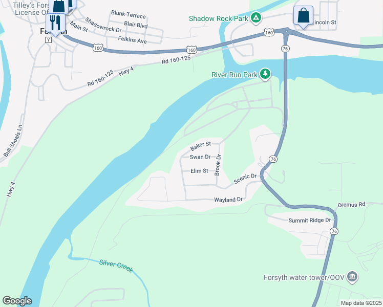 map of restaurants, bars, coffee shops, grocery stores, and more near 199 Swan Drive in Forsyth