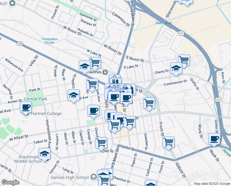 map of restaurants, bars, coffee shops, grocery stores, and more near 198 Monterey Street in Salinas