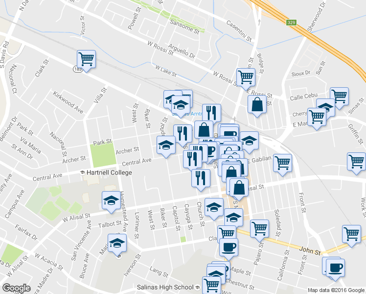 map of restaurants, bars, coffee shops, grocery stores, and more near 128 Central Avenue in Salinas