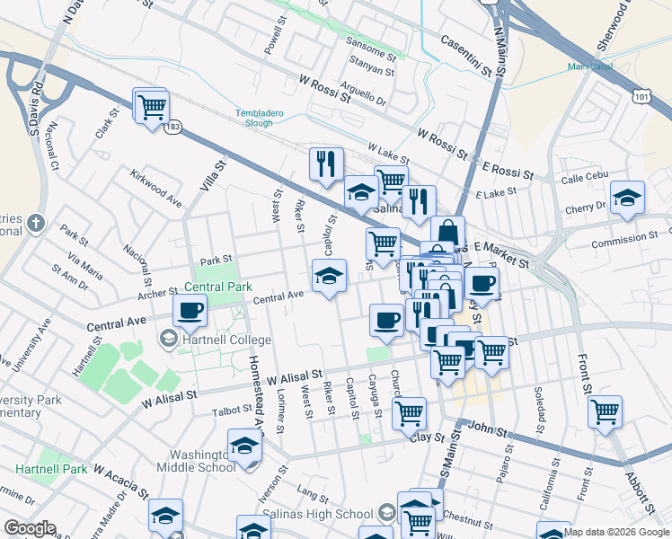 map of restaurants, bars, coffee shops, grocery stores, and more near 154 Central Avenue in Salinas