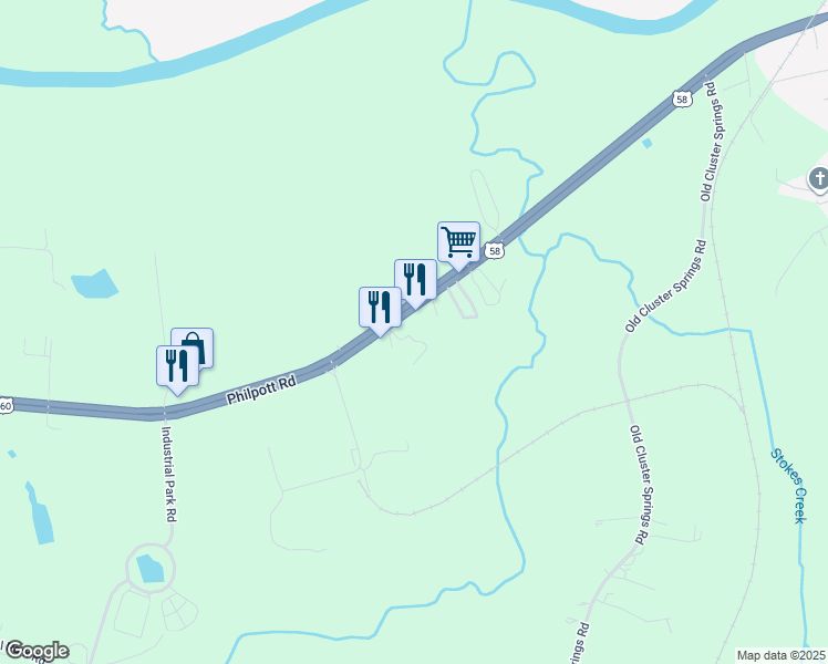 map of restaurants, bars, coffee shops, grocery stores, and more near 1015 Crestview Trail in South Boston