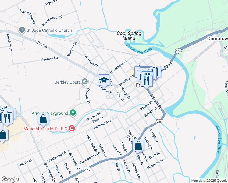 map of restaurants, bars, coffee shops, grocery stores, and more near 403 West 4th Avenue in Franklin