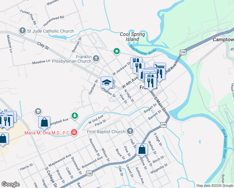 map of restaurants, bars, coffee shops, grocery stores, and more near 501 Charles Street in Franklin