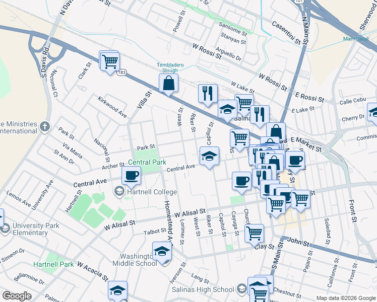 map of restaurants, bars, coffee shops, grocery stores, and more near 86 West Street in Salinas