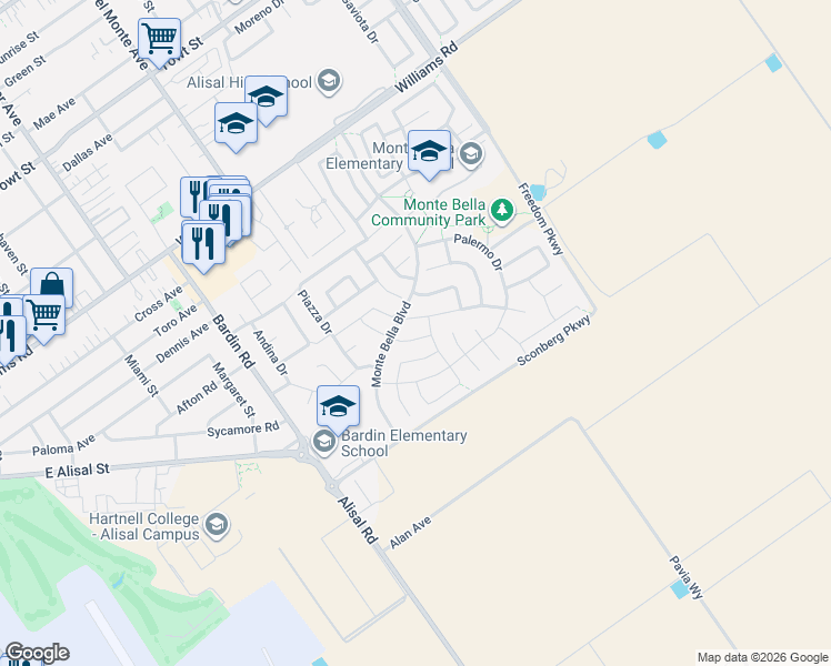 map of restaurants, bars, coffee shops, grocery stores, and more near 1074 Sardinia Drive in Salinas